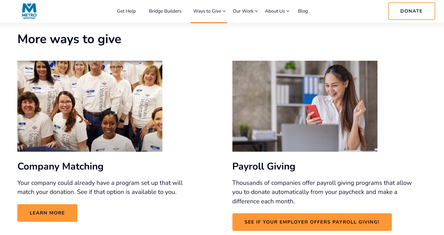 How Metro Ministries, a homeless shelter, increases payroll giving on its website