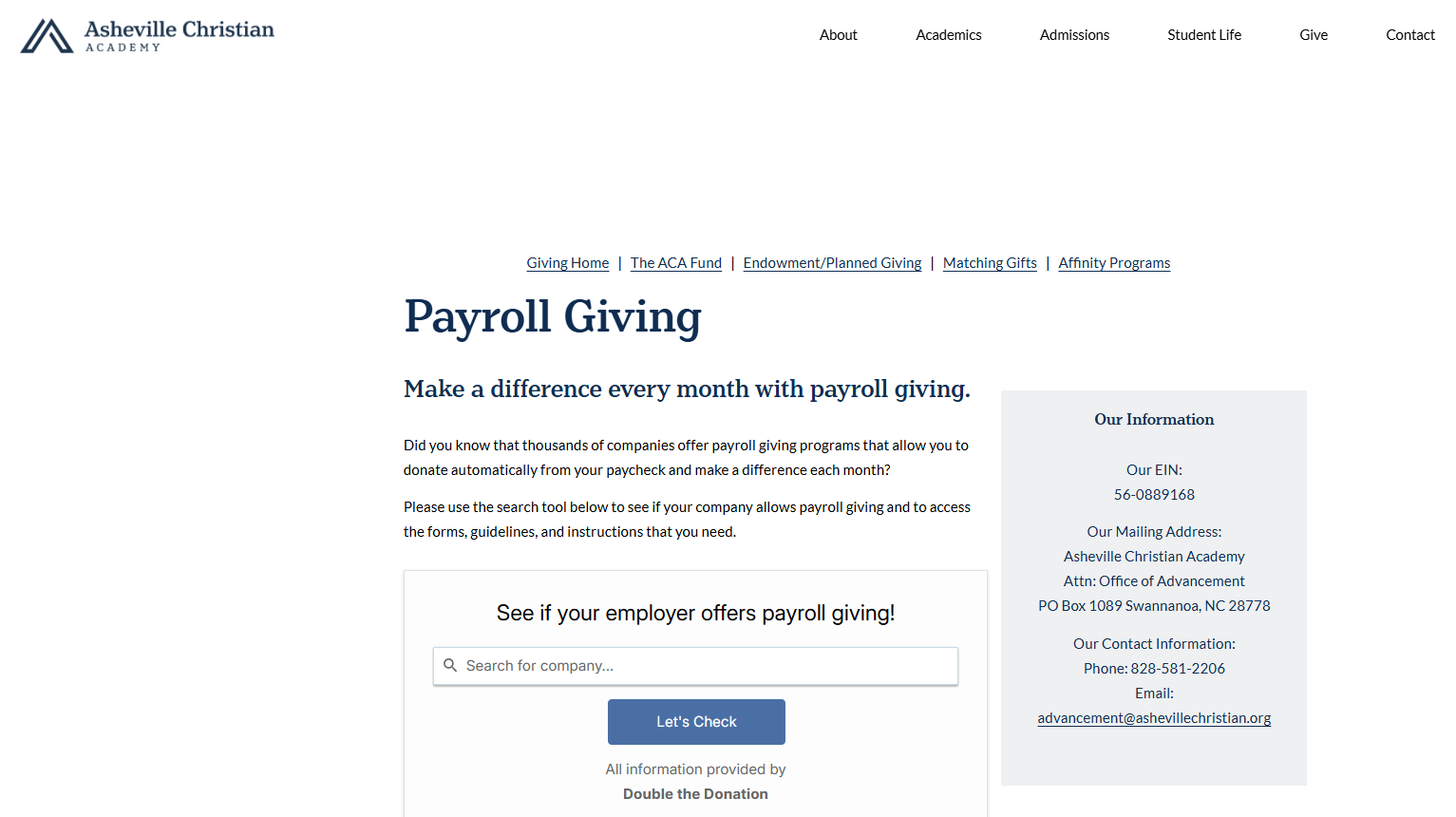 How Asheville Christian Academy, a K-12 school, increases payroll donation funds online