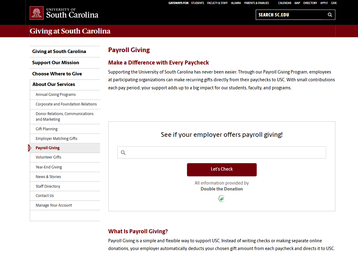 How University of South Carolina increases payroll donation funds on its website