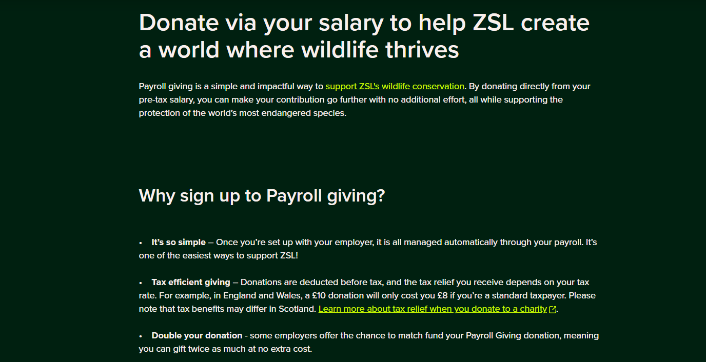 How ZSL, a wildlife rescue, increases payroll donation funds on its website