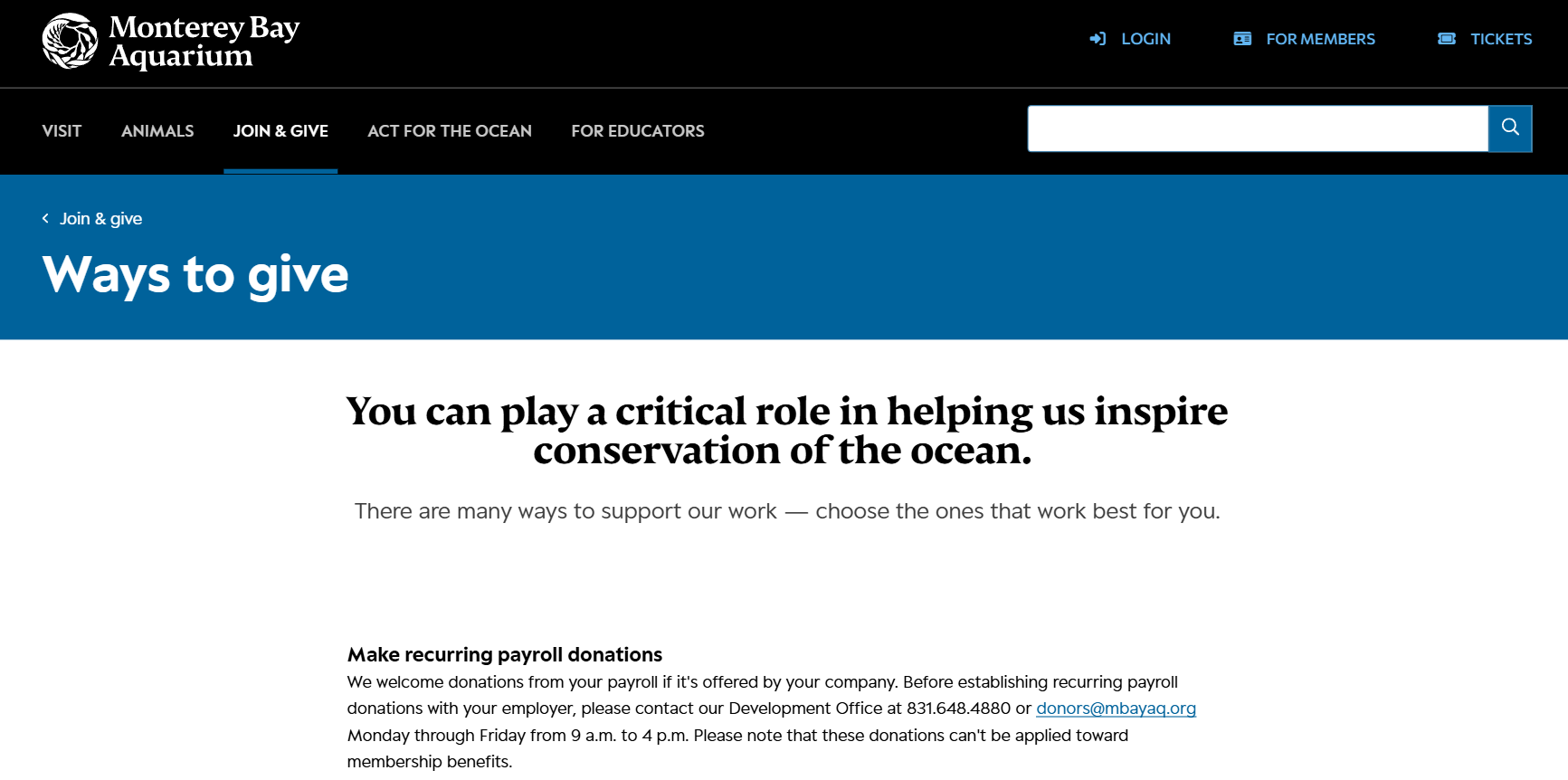 How Monterey Bay Aquarium increases payroll donation funds on its Ways to Give page