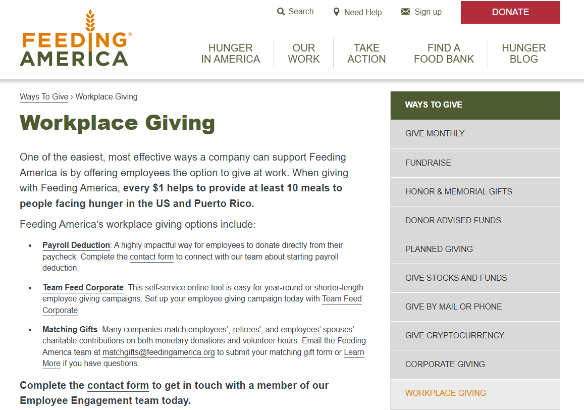 Market workplace giving on your nonprofit website like this example