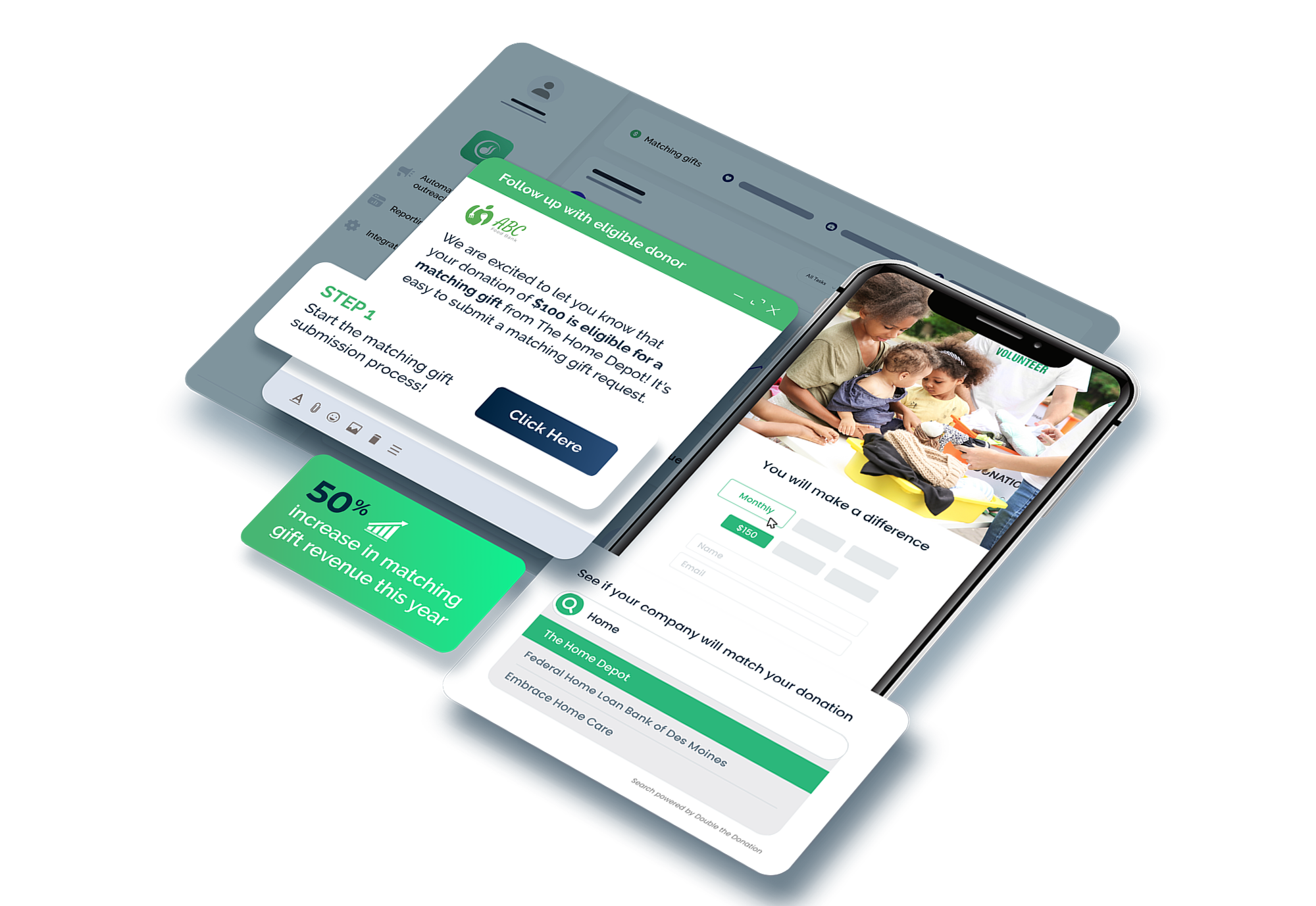 Matching gift automation interface for nonprofits