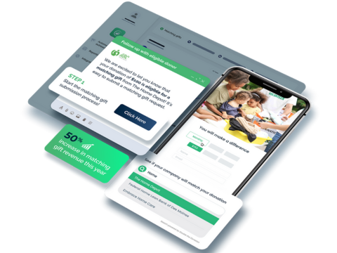 Illustration of Double the Donation’s matching gift tools in action, showing how donors can easily discover matching gift opportunities and take their next steps.