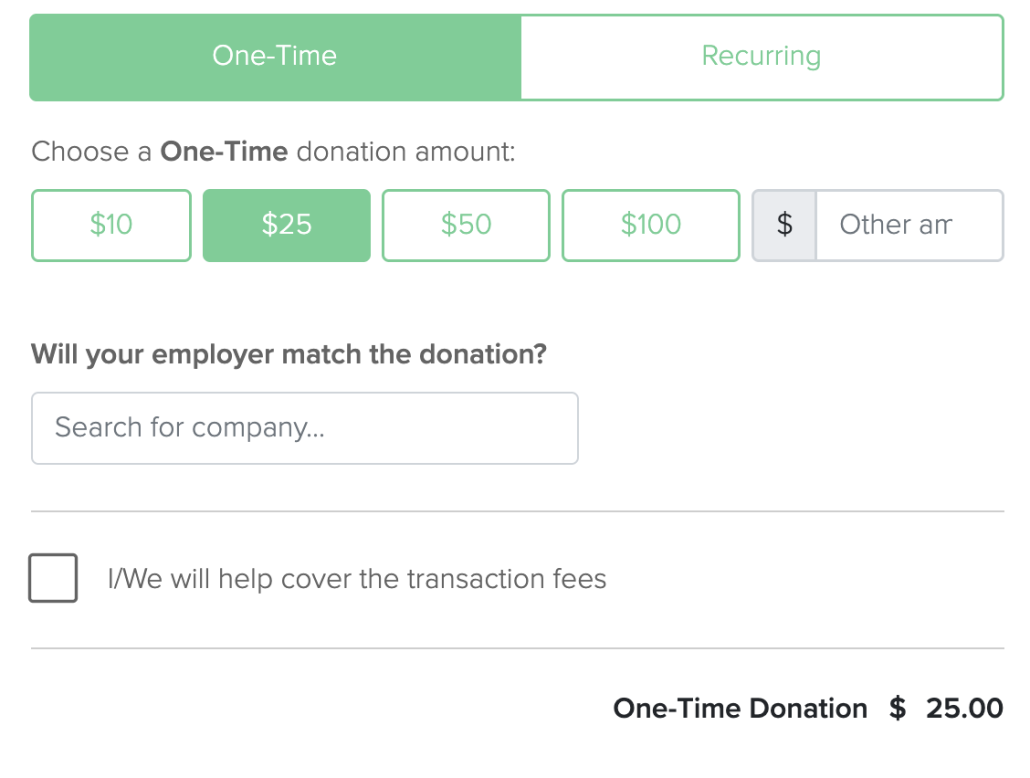 Double the Donation Matching integration on Donate2 donation forms - example one time $25 donation shown