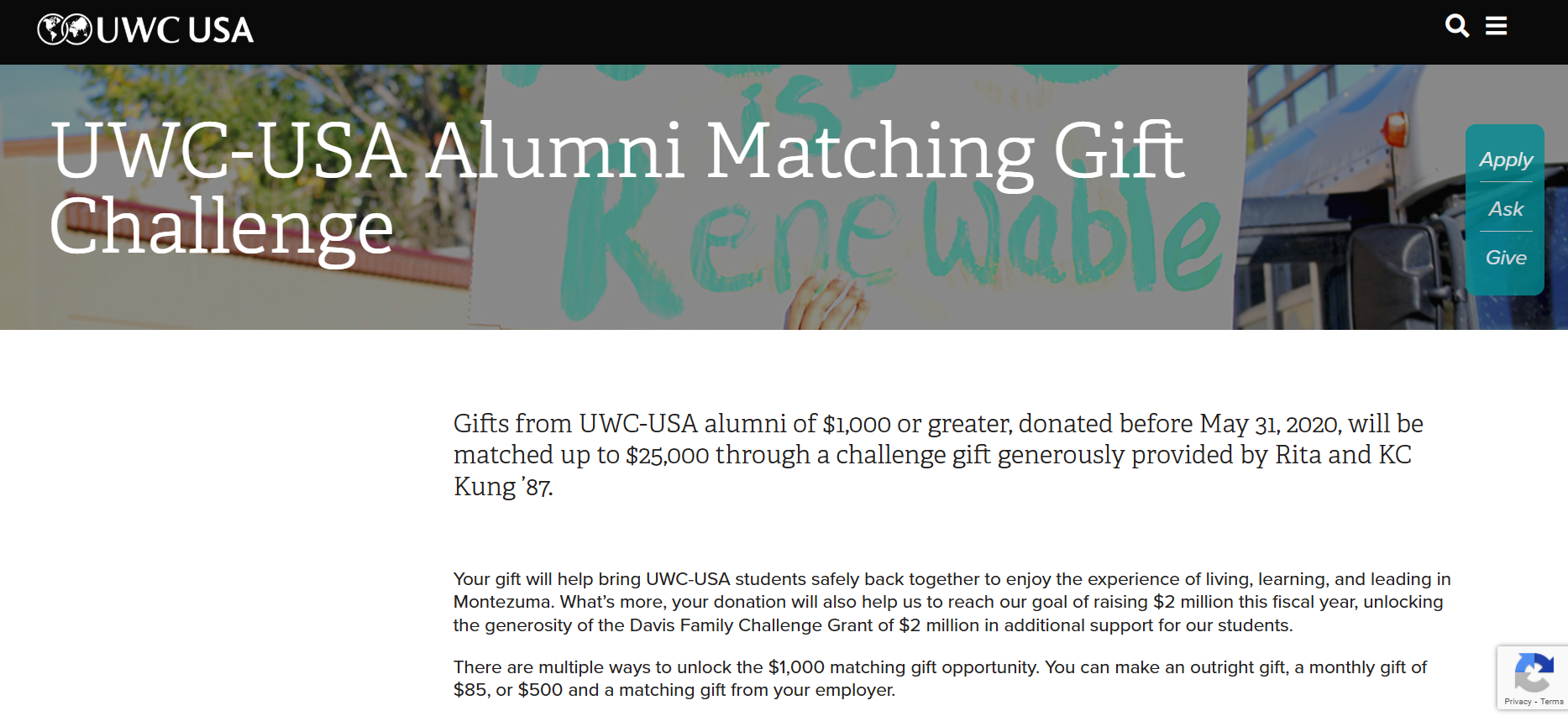 Fundraising matches example: UWC-USA