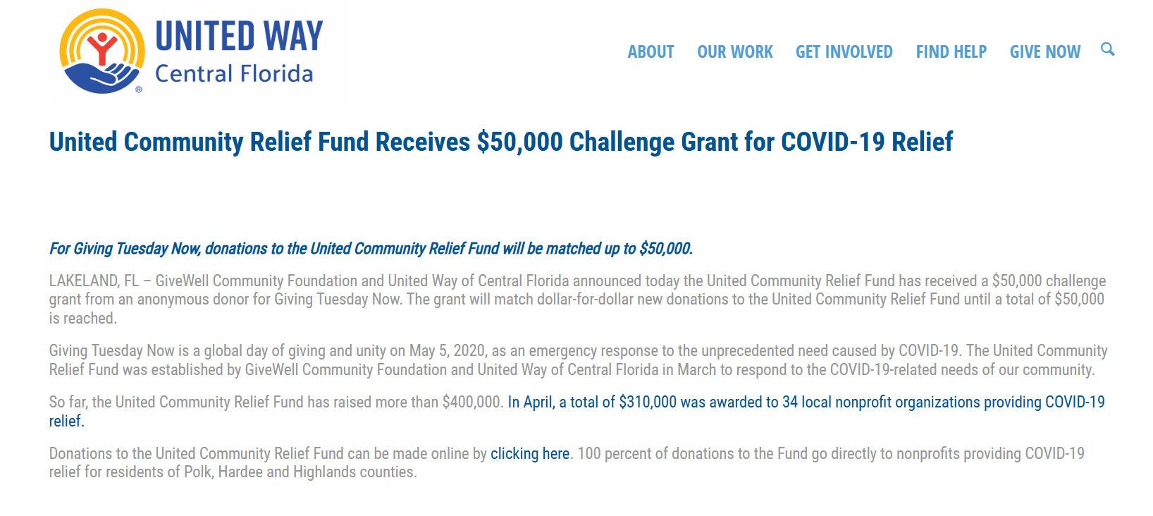 Fundraising matches example: United Way