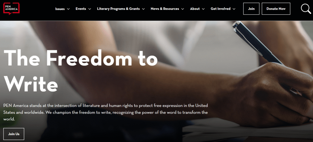 top nonprofit websites_pen america The homepage for PEN America, a nonprofit website designed by Kanopi Studios