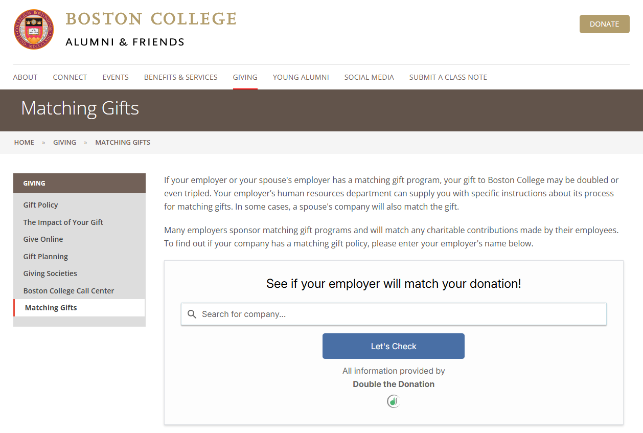 Boston College increased alumni matching gifts with their matching gift page
