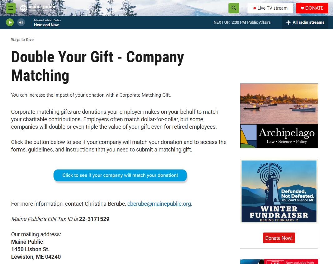 How Maine Public promoted employer matching gifts with a dedicated web page