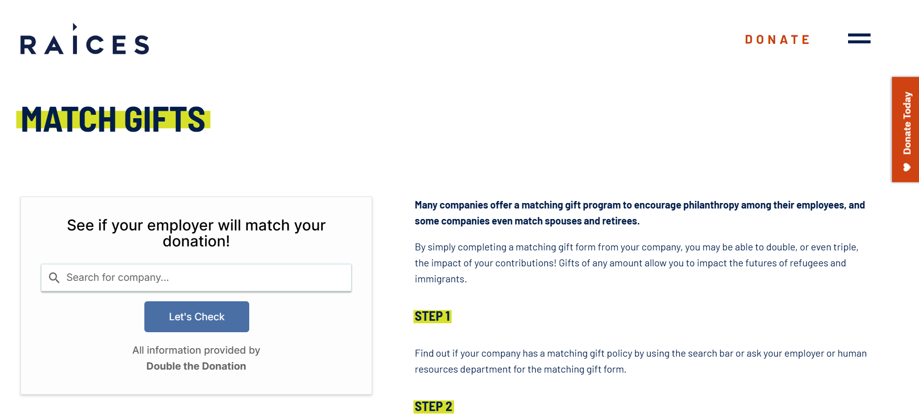 RAICES illustrated the matching gift process improvements on their dedicated matching gift web page