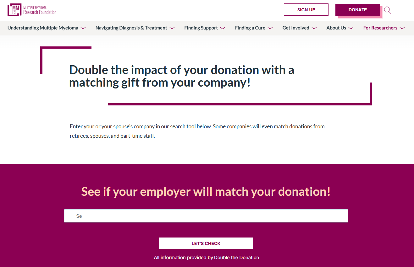 MMRF matching gift enhancements included a dedicated matching gift web page