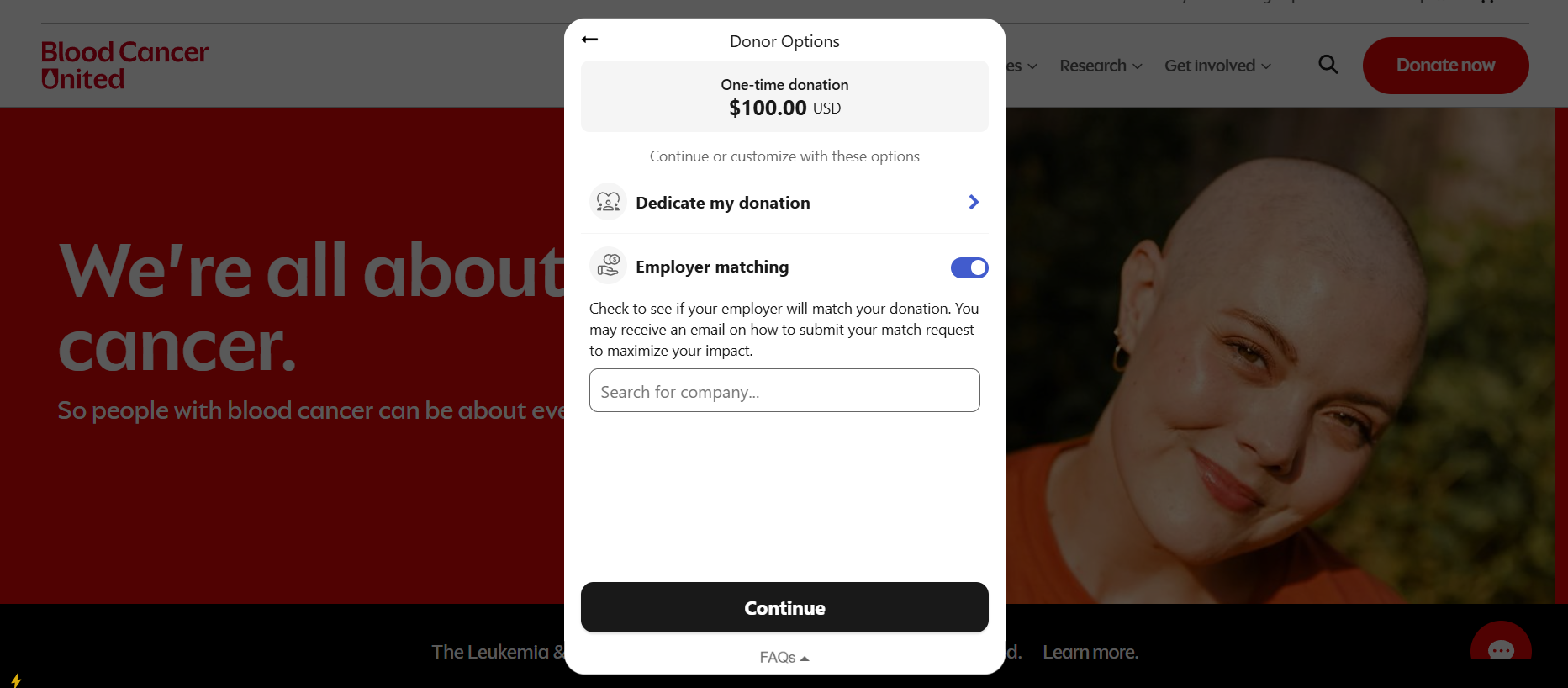 Blood Cancer United drove corporate matching revenue with their donation form