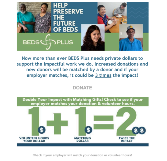 An example of BEDS Plus' matching gift email streams