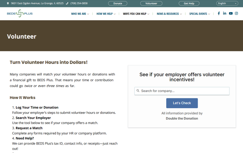 How BEDS Plus promotes workplace giving on its website