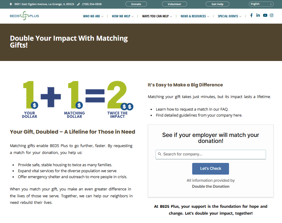 How BEDS Plus promotes workplace giving on its website