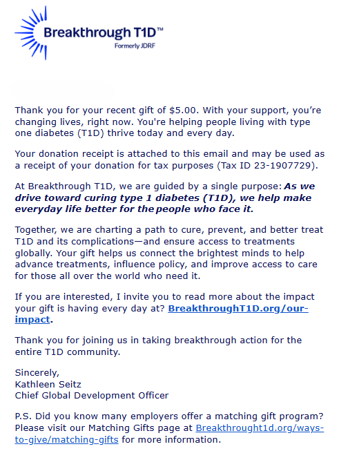 Breakthrough T1D's matching gift email streams example