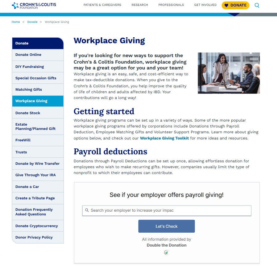 How the Crohn's & Colitis Foundation promotes workplace giving on its website