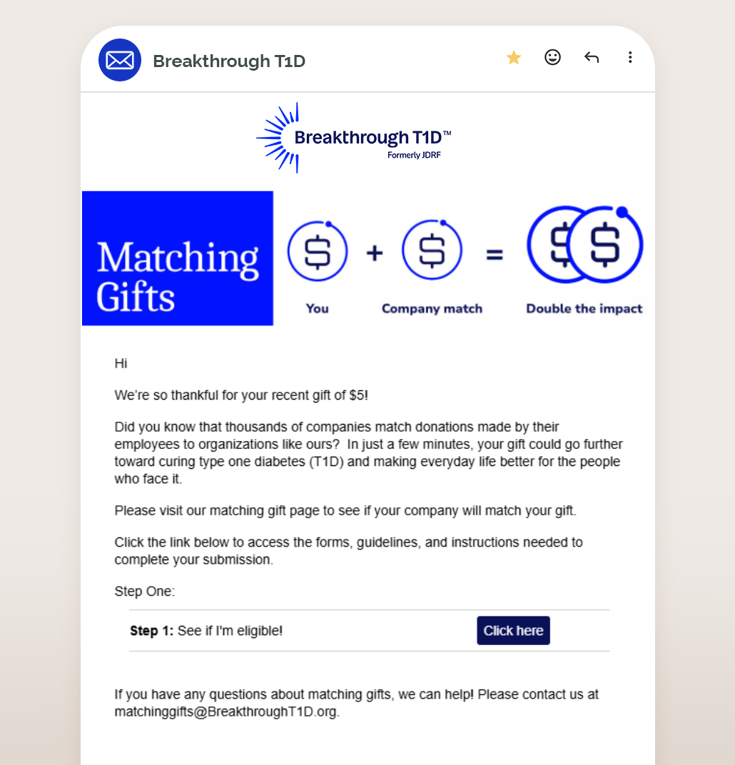 How Breakthrough T1D optimizes their matching gift email streams