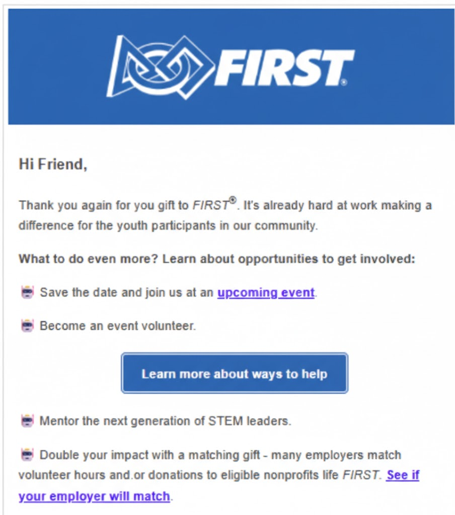 An example of FIRST Inspires' matching gift email streams