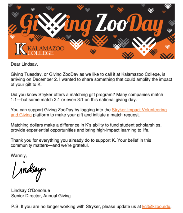 An example of Kalamazoo College's matching gift email streams