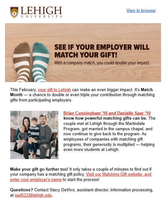 An example of Lehigh University's matching gift email streams