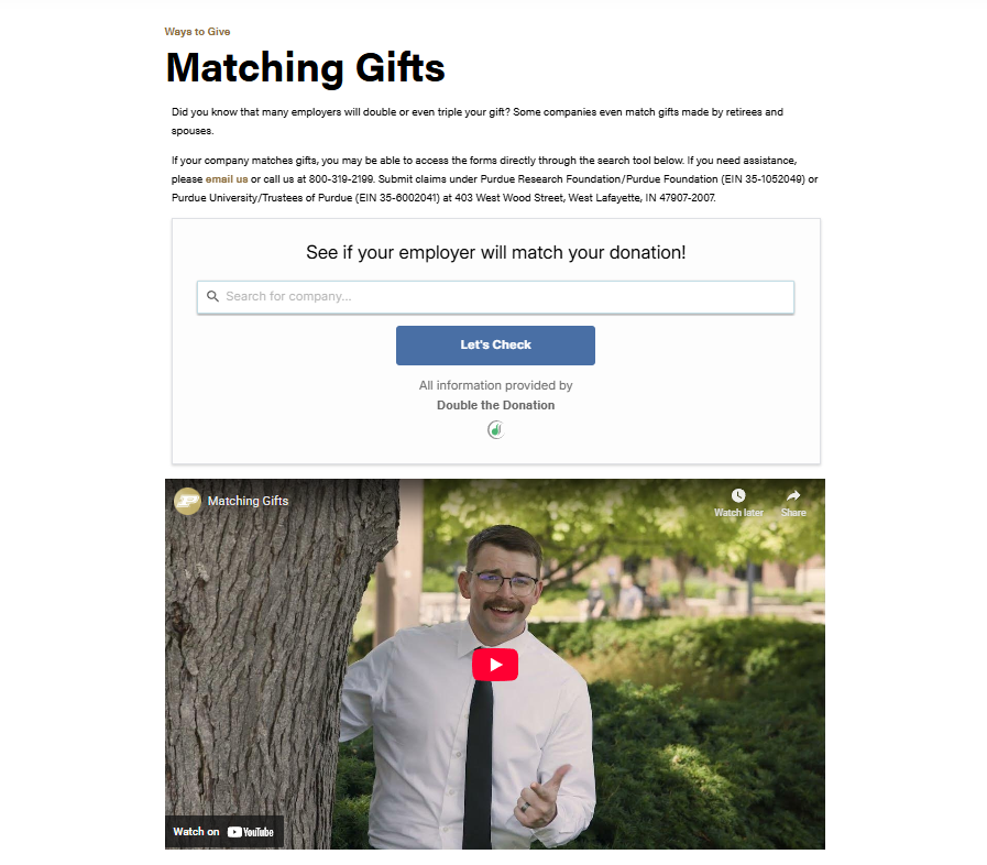 How Purdue for Life promotes workplace giving on its website
