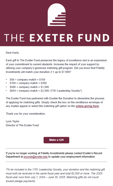 An example of Phillips Exeter Academy's matching gift email streams