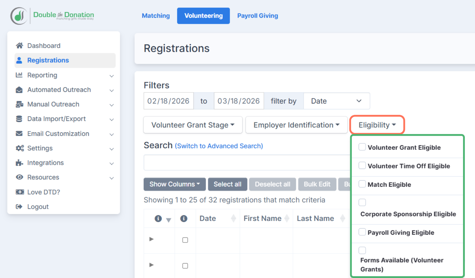 Double the Donation's recent product updates include a new eligibility filter on the volunteer registrations tab. Double the Donation's recent product updates include a new eligibility filter on the volunteer registrations tab.