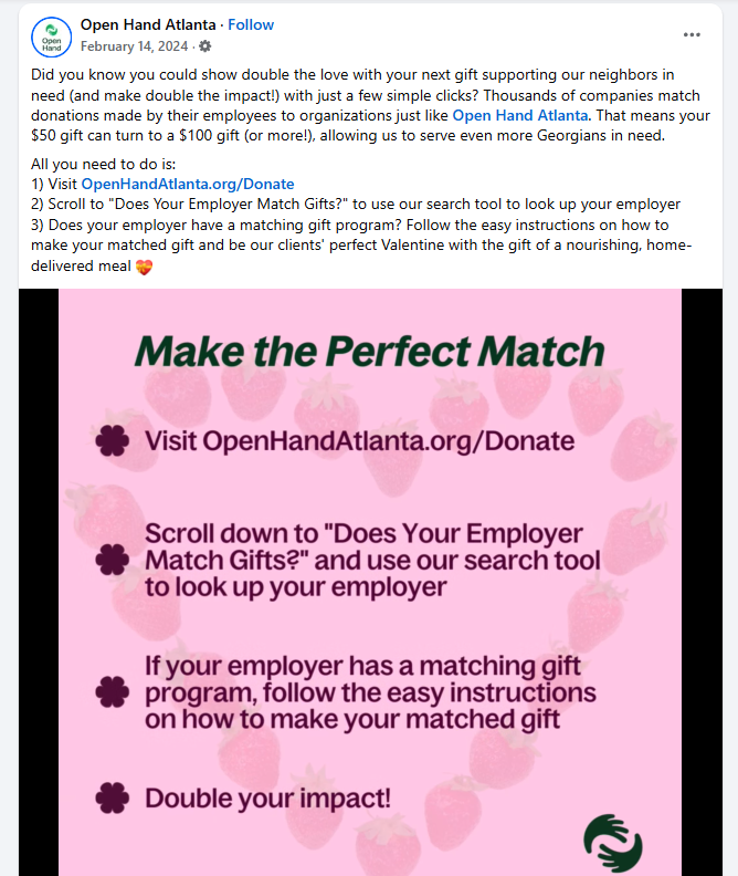 Open Hand Atlanta is an Atlanta-based nonprofit that is doing workplace fundraising well.