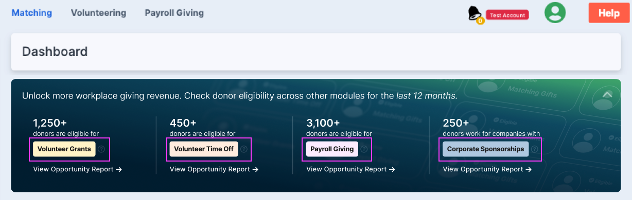 Double the Donation's new product updates include a cross-module banner for displaying workplace giving potential. Double the Donation's new product updates include a cross-module banner for displaying workplace giving potential.