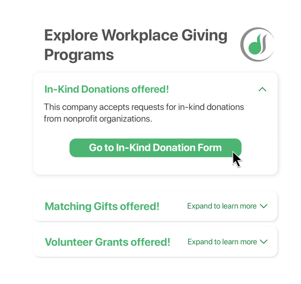 Corporate In-Kind Donations Featured in Our Database Corporate logos from companies in Double the Donation’s database, with indicators like ‘In-Kind Donation Secured,’ showcasing corporate contributions to charity programs