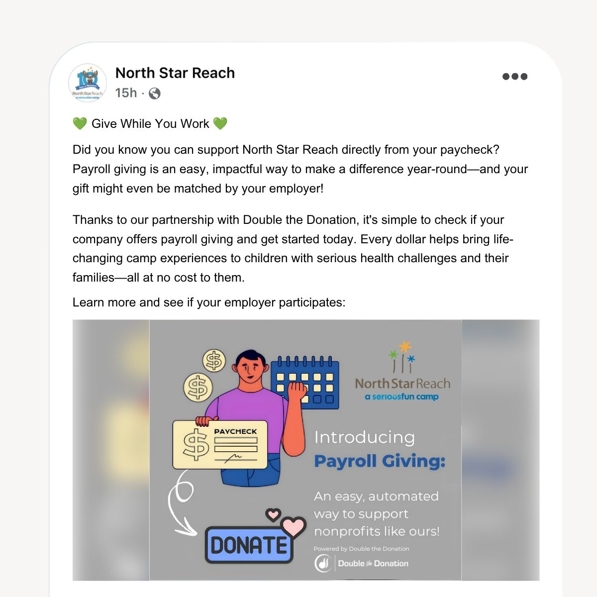 An example of an organization marketing workplace giving on social media