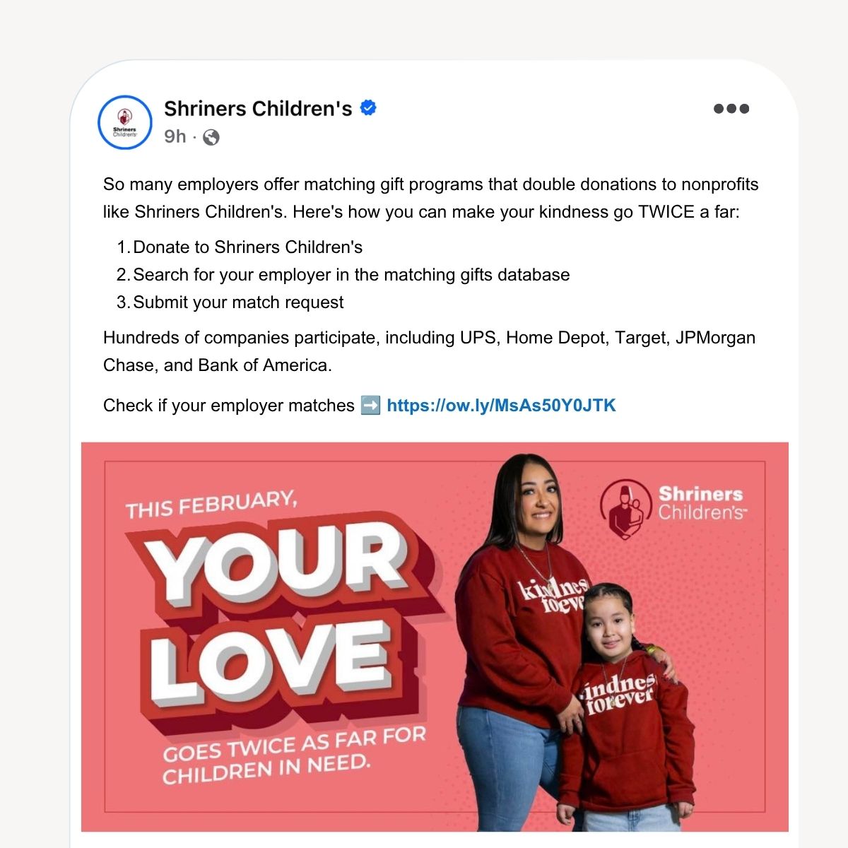 An example of an organization marketing workplace giving on social media