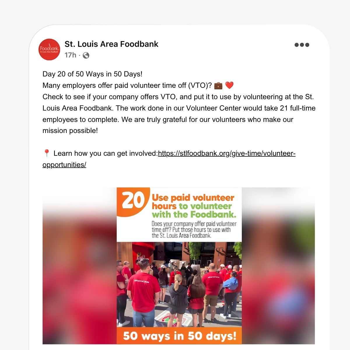 An example of an organization marketing workplace giving on social media