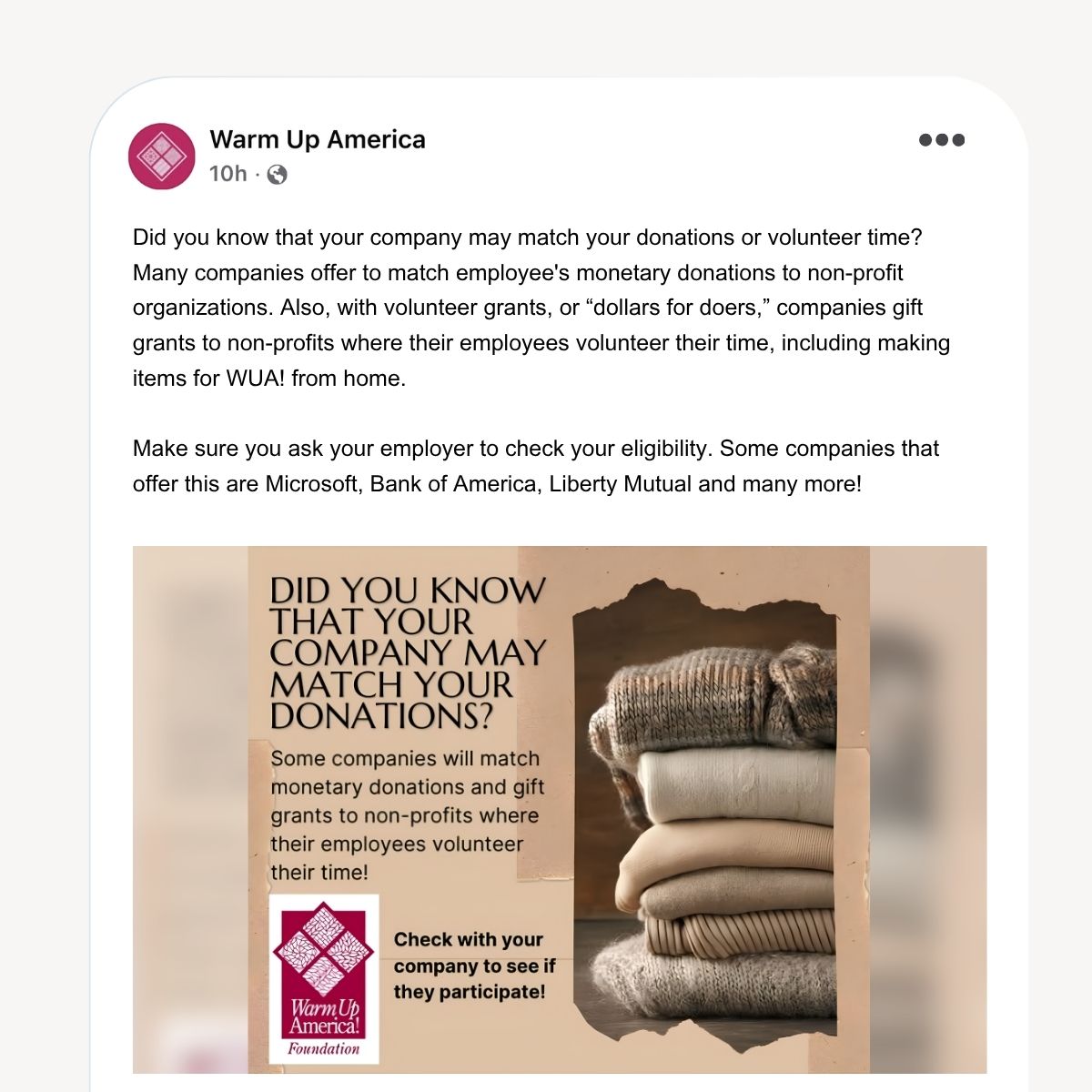 An example of an organization marketing workplace giving on social media